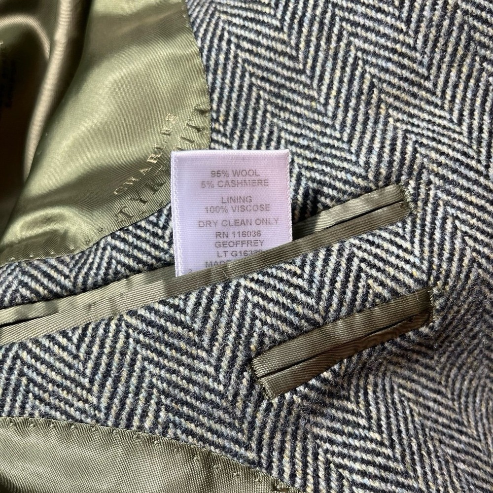 Charles Tyrwhitt Green‎ Herringbone Wool/Cashmere Blend Suit Jacket Size 44L - Picture 6 of 8